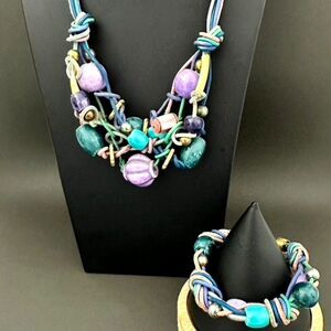 Vintage Ceramic Stone Bead & Leather Necklace & Bracelet Blue Purple Boho Hippie
